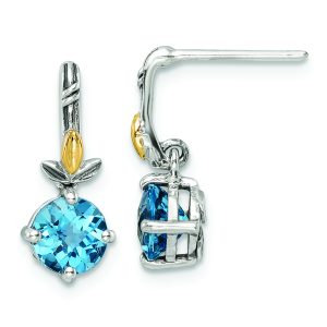 Sterling Silver Antiqued w/14k Leaf 1.75BT Lt Swiss Bl. Topaz Post Earrings