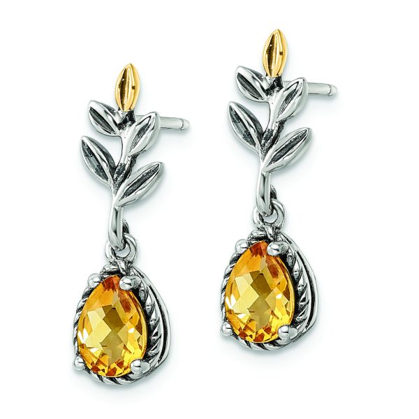 Sterling Silver w/14k Antiqued Leaf 1.26CI Citrine Dangle Post Earrings - Image 2