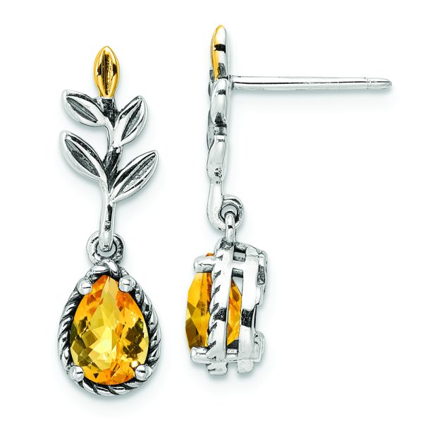 Sterling Silver w/14k Antiqued Leaf 1.26CI Citrine Dangle Post Earrings