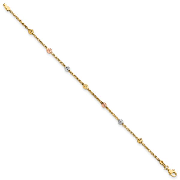 14k Tri-color Diamond-cut 7-Station Bead and Chain Bracelet - Image 2