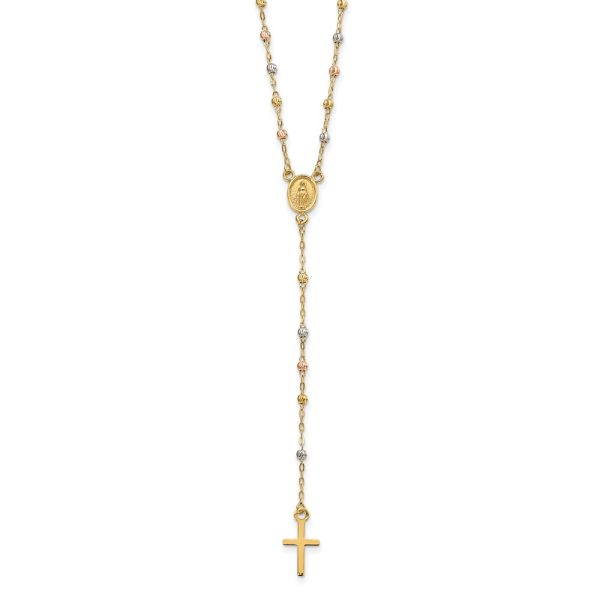 14k Tri-color Beaded Rosary 17 inch w/ 3in ext Necklace