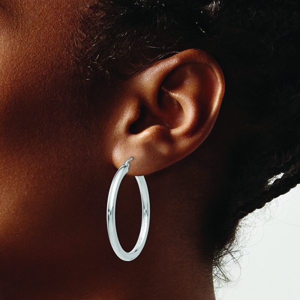 14K White Gold Polished 3mm Lightweight Tube Hoop Earrings - Image 3