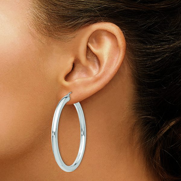 14K White Gold Polished 4mm Lightweight Tube Hoop Earrings - Image 3