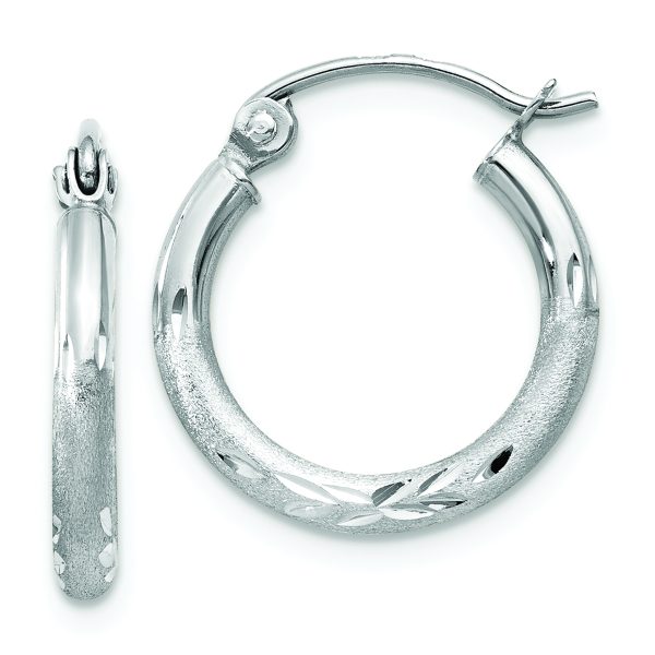 14k White Gold Satin and Diamond-cut 2mm Round Hoop Earrings