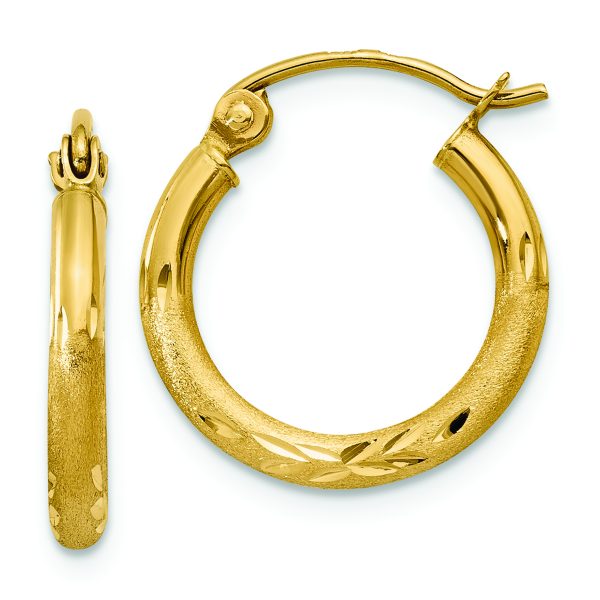 14k Satin and Diamond-cut 2mm Round Tube Hoop Earrings