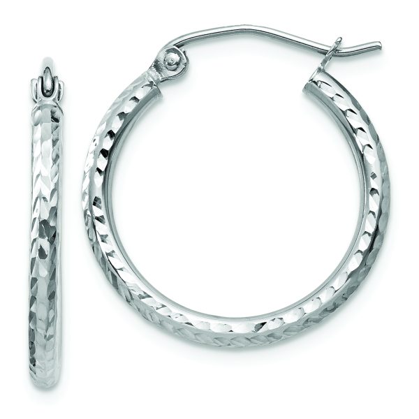 14k White Gold Diamond-cut 2mm Round Tube Hoop Earrings