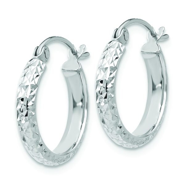 14K White Gold Diamond-cut 2.8x15mm Hollow Hoop Earrings - Image 2