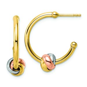 14k White and Rose Gold with Yellow Rhodium Knot J-Hoop Earrings