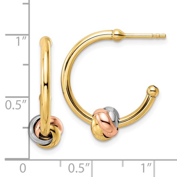 14k White and Rose Gold with Yellow Rhodium Knot J-Hoop Earrings - Image 2