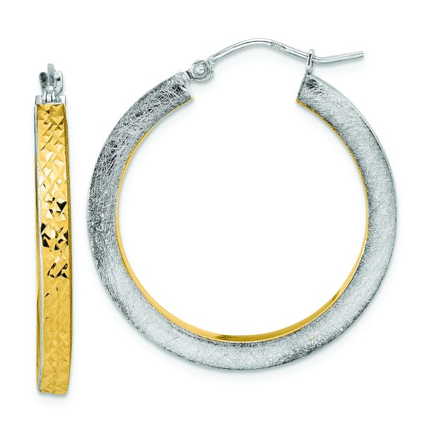 14K White Gold Yellow Rhodium Polished Brushed Diamond-cut Hoop Earrings