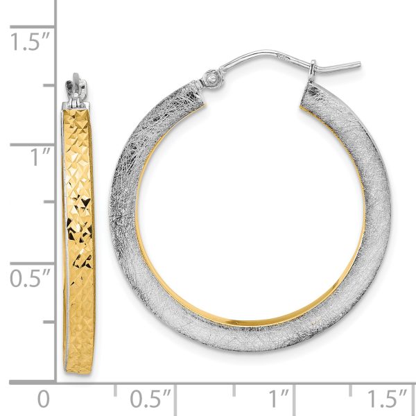 14K White Gold Yellow Rhodium Polished Brushed Diamond-cut Hoop Earrings - Image 2