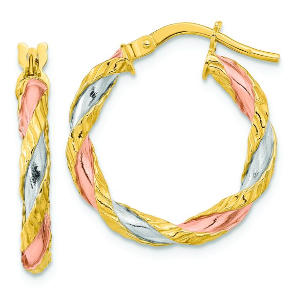 14K with Rose & White Rhodium Textured Twisted Hoop Earrings