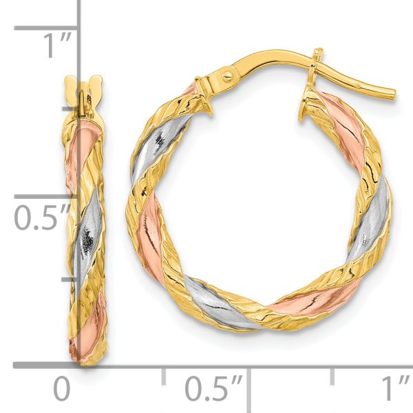 14K with Rose & White Rhodium Textured Twisted Hoop Earrings - Image 2