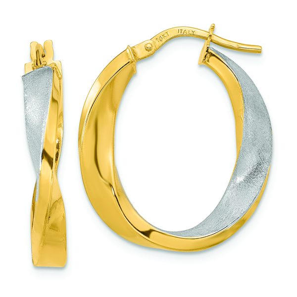 14K w/White Rhodium Polished and Satin Oval Twist Hoop Earrings