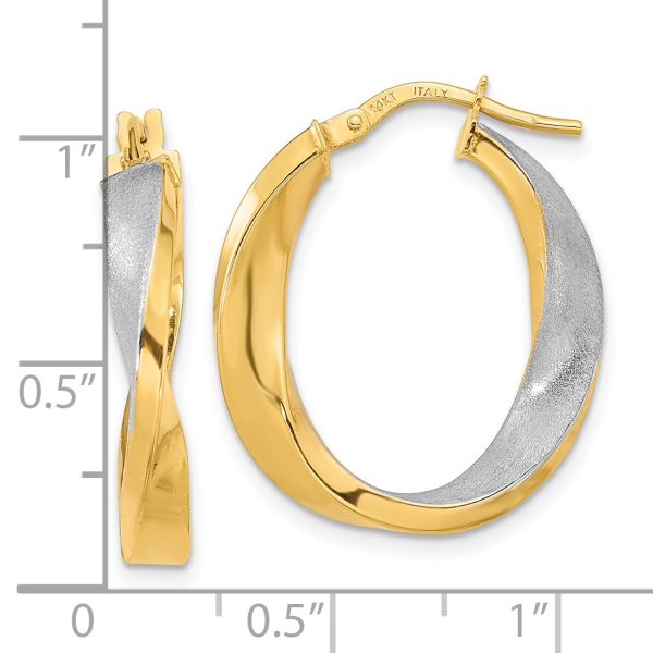 14K w/White Rhodium Polished and Satin Oval Twist Hoop Earrings - Image 2