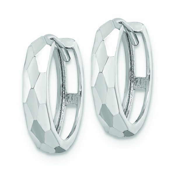 14k White Gold Polished Faceted 3x15mm Hinged Hoop Earrings - Image 2