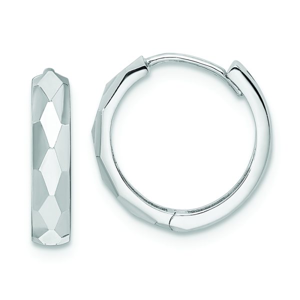14k White Gold Polished Faceted 3x15mm Hinged Hoop Earrings