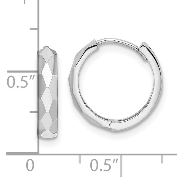 14k White Gold Polished Faceted 3x15mm Hinged Hoop Earrings - Image 3