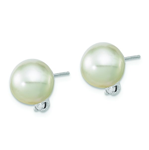 14KW 9-10mm Round White Saltwater South Sea Pearl and Diamond Earrings - Image 2