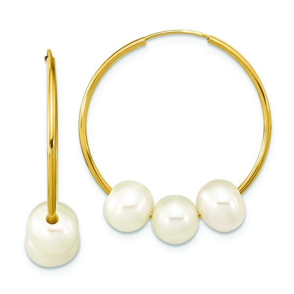 14K 6-7mm Semi-round White FWC Pearl Hoop Dangle Earrings