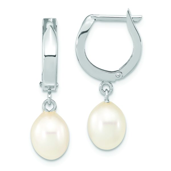 14K White Gold 6-7mm Teardrop White FWC Pearl Hoop Dangle Earrings