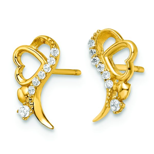 14k Yellow Gold Polished CZ and Heart Post Earrings - Image 2