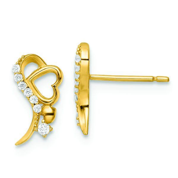 14k Yellow Gold Polished CZ and Heart Post Earrings