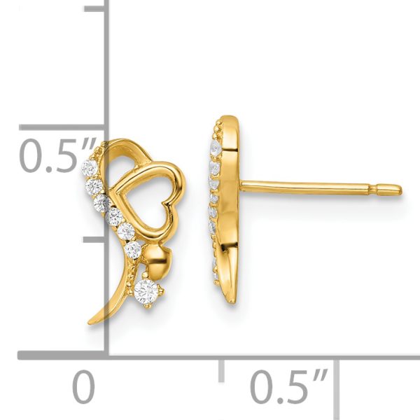 14k Yellow Gold Polished CZ and Heart Post Earrings - Image 3