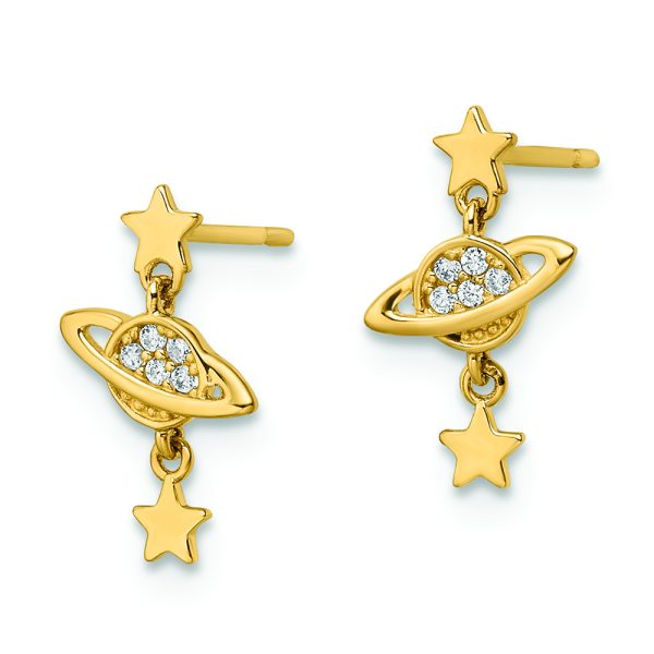 14k CZ Saturn & Stars Dangle Post Earrings - Image 2