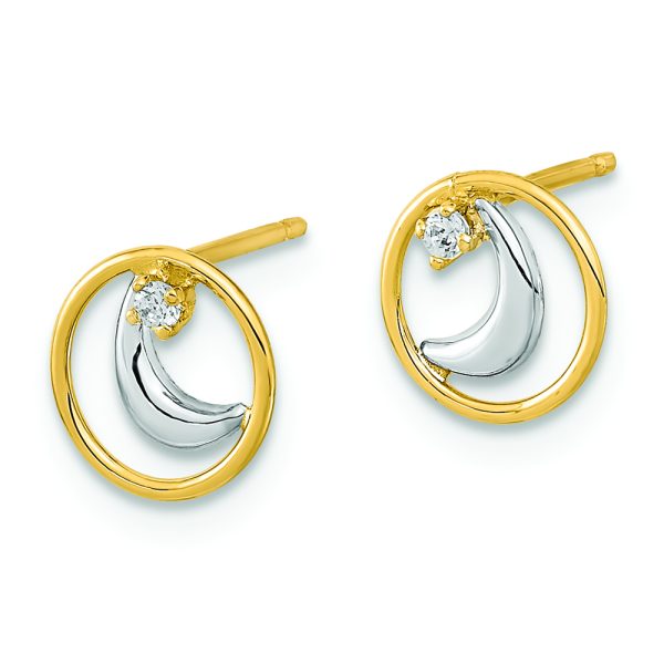 14K Gold White Rhodium Open Circle CZ Half Moon Post Earrings - Image 2