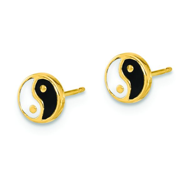 14K Gold Black/White Enamel Yin and Yang Post Earrings - Image 2