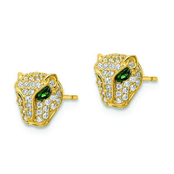 14K Polished Green & White CZ Lioness Head Post Earrings - Image 2