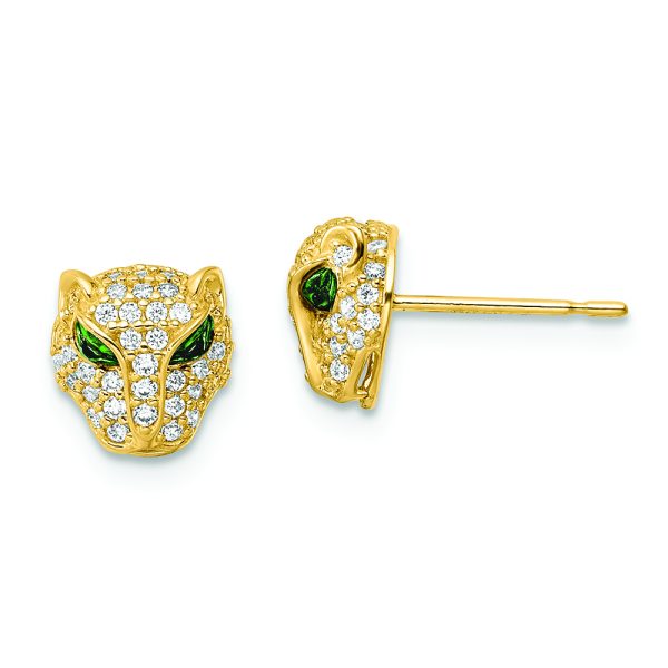 14K Polished Green & White CZ Lioness Head Post Earrings