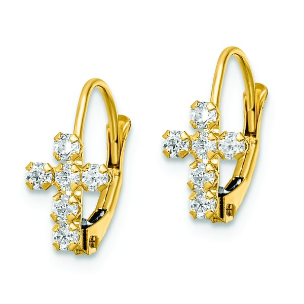 14k CZ Polished Leverback Cross Earrings - Image 2