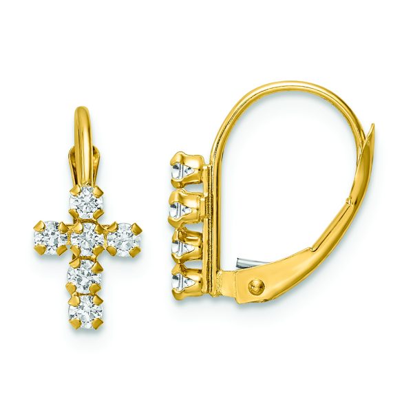 14k CZ Polished Leverback Cross Earrings