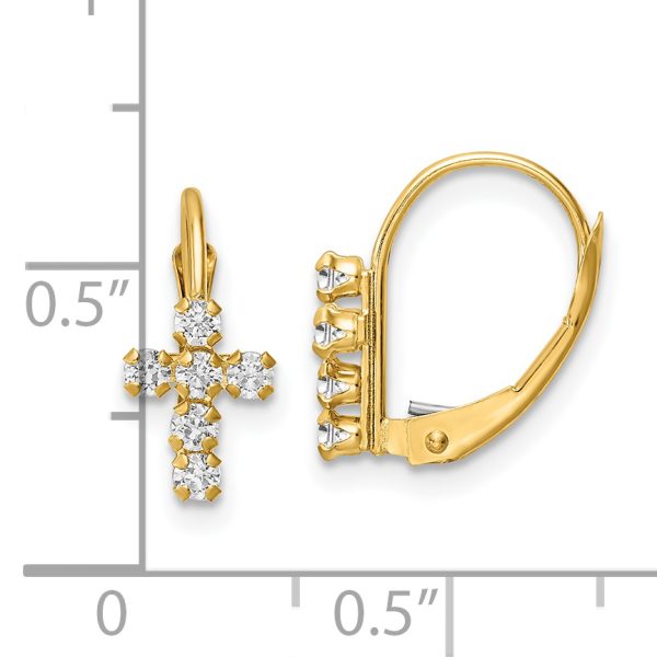 14k CZ Polished Leverback Cross Earrings - Image 3