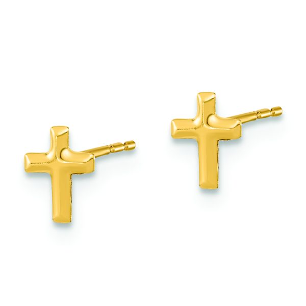 14K Polished Set of Ball Post CZ Flowers and Cross 3 Pair Earrings Set - Image 2