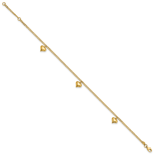 14K Polished 3 Puffed Heart 9in Plus 1in ext  Anklet - Image 2