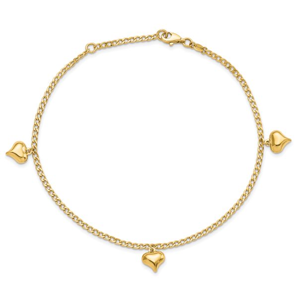 14K Polished 3 Puffed Heart 9in Plus 1in ext  Anklet - Image 3