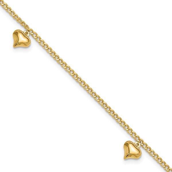 14K Polished 3 Puffed Heart 9in Plus 1in ext  Anklet