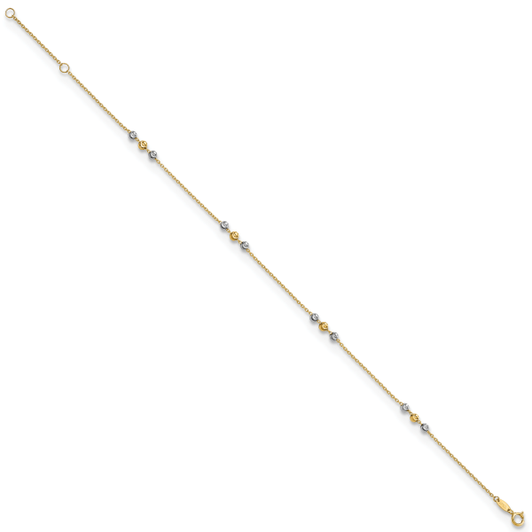 14K Two-tone Polished Diamond-cut Beaded 9in Plus 1 in ext. Anklet - Image 2