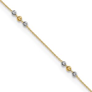 14K Two-tone Polished Diamond-cut Beaded 9in Plus 1 in ext. Anklet