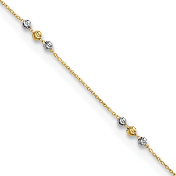 14K Two-tone Polished Diamond-cut Beaded 9in Plus 1 in ext. Anklet
