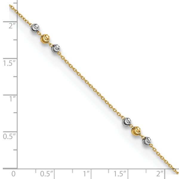 14K Two-tone Polished Diamond-cut Beaded 9in Plus 1 in ext. Anklet - Image 3