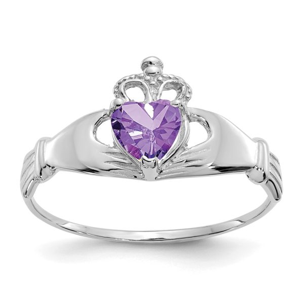 14k White Gold CZ February Birthstone Claddagh Heart Ring