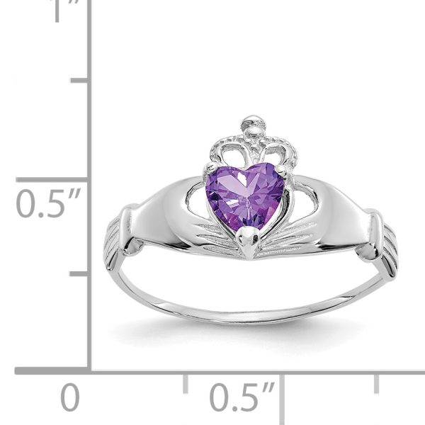 14k White Gold CZ February Birthstone Claddagh Heart Ring - Image 3