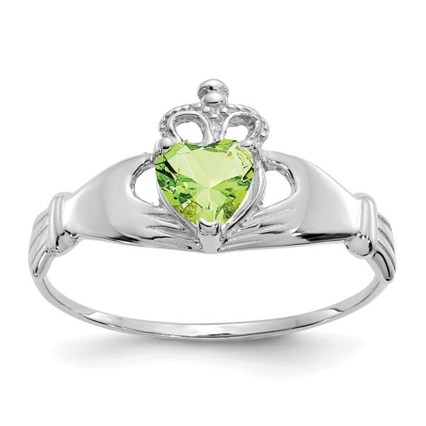 14k White Gold CZ August Birthstone Claddagh Heart Ring