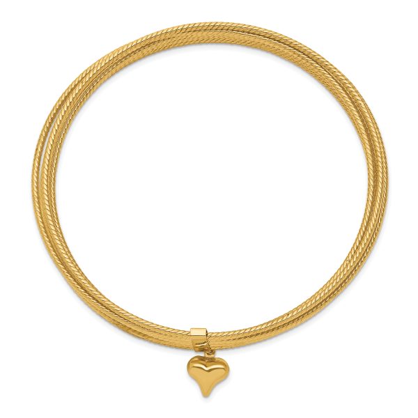 14K w/ Dangle Heart Oversized Slip-on Set of 7 Textured Bangles - Image 2