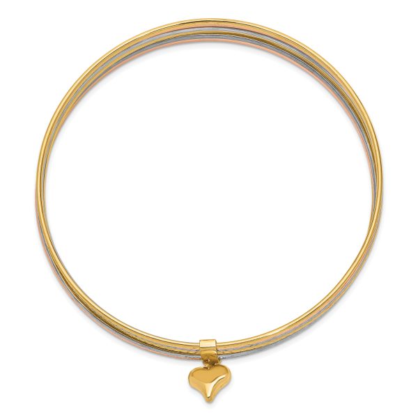 14K w/Dangle Heart Tri-color Set of 7 Textured Slip-on Bangles - Image 2