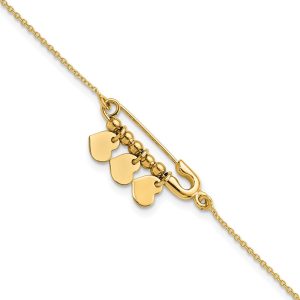 14K Safety Pin with Dangle Hearts Bracelet